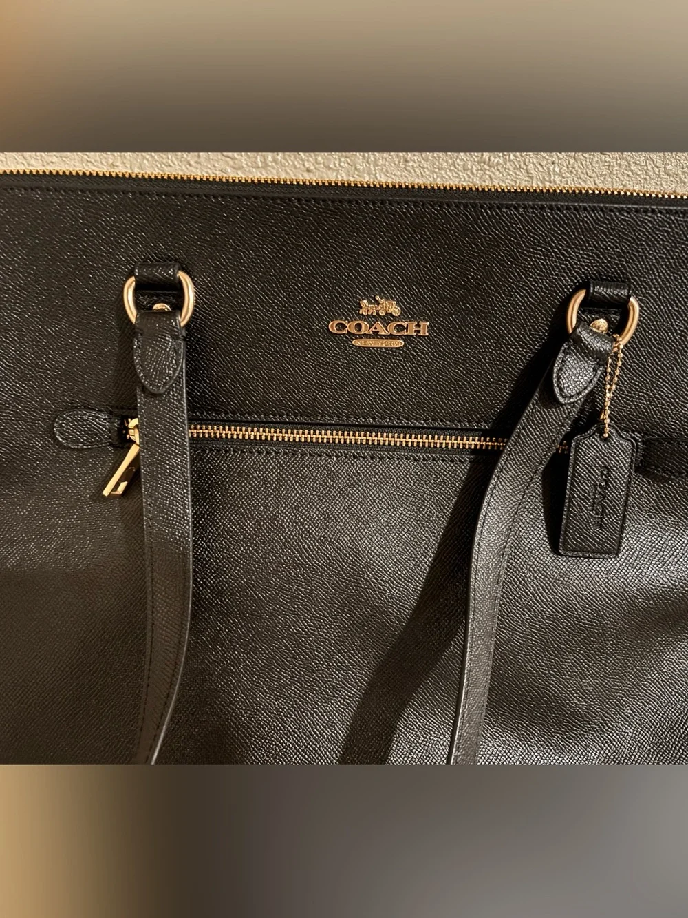 Coach Black Leather Tote with Gold Accents